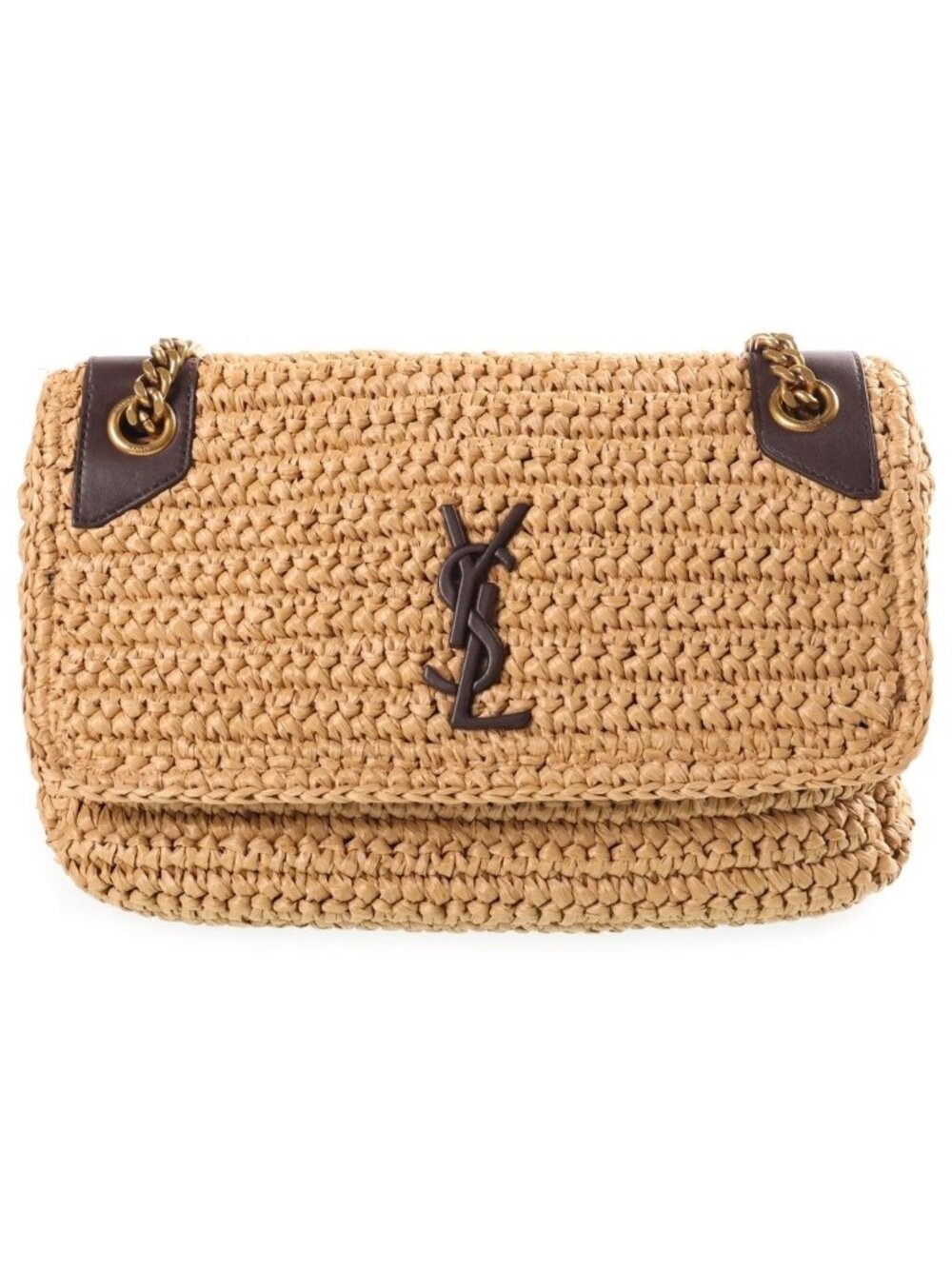 Saint Laurent Paris Niki Raffia Leather Chain Shoulder Bag Basket Brown Beige